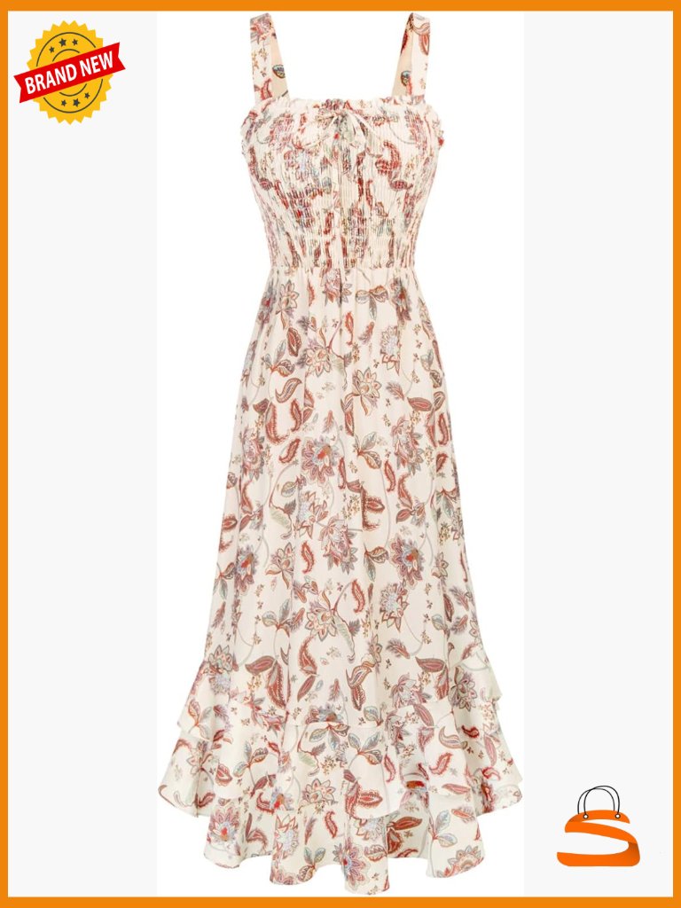 Square Neck Floral Boho Swing Maxi Dress With Straps